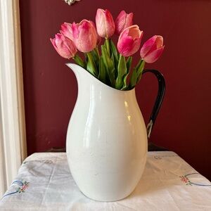 White Enamel Jug Pitcher Vase with Black/blue trim Lots of character